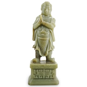 Antique Chinese Celadon Jade Warrior W/ Matching Base
