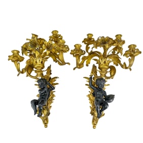 (2 Pc) Louis XV Gilt Bronze Cherub Sconces