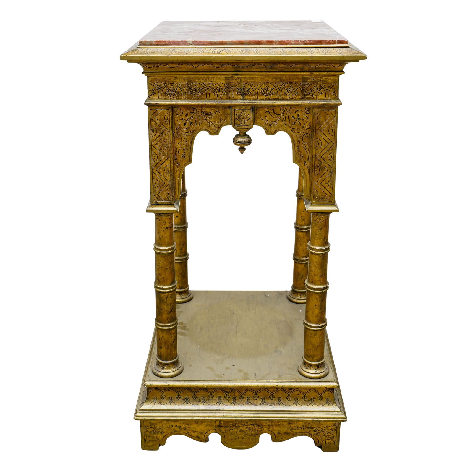 Carlo Bugatti Style Carved Wood Marble Top Pedestal: DESCRIPTION: Carved wood pedestal crafted in the style of Carlo Bugatti featuring middle-eastern flowers and foliage carved throughout its body and sporting a dark pink marble top. CIRCA: 19th to earl