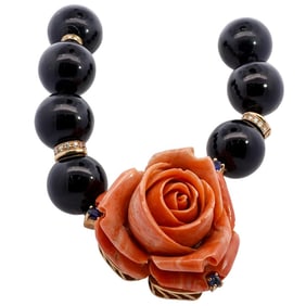 Italian 18k Gold, Coral, Onyx, and Diamond Necklace