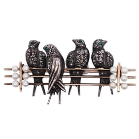 14k Gold, Diamond, Emerald, and Pearl Bird Brooch