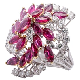14k White Gold, Diamond, and Ruby Cluster Ring