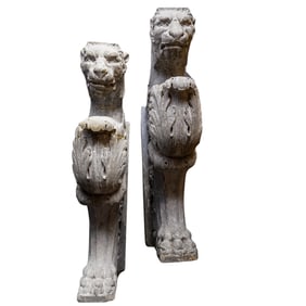 Pair Of French Carved Stone Foliage And Lion Buttresses