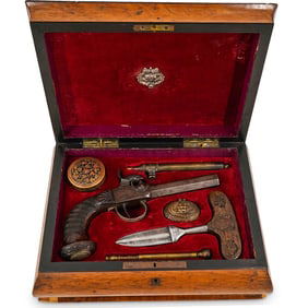 Antique Pistol And Push Dagger In French Boulle Case