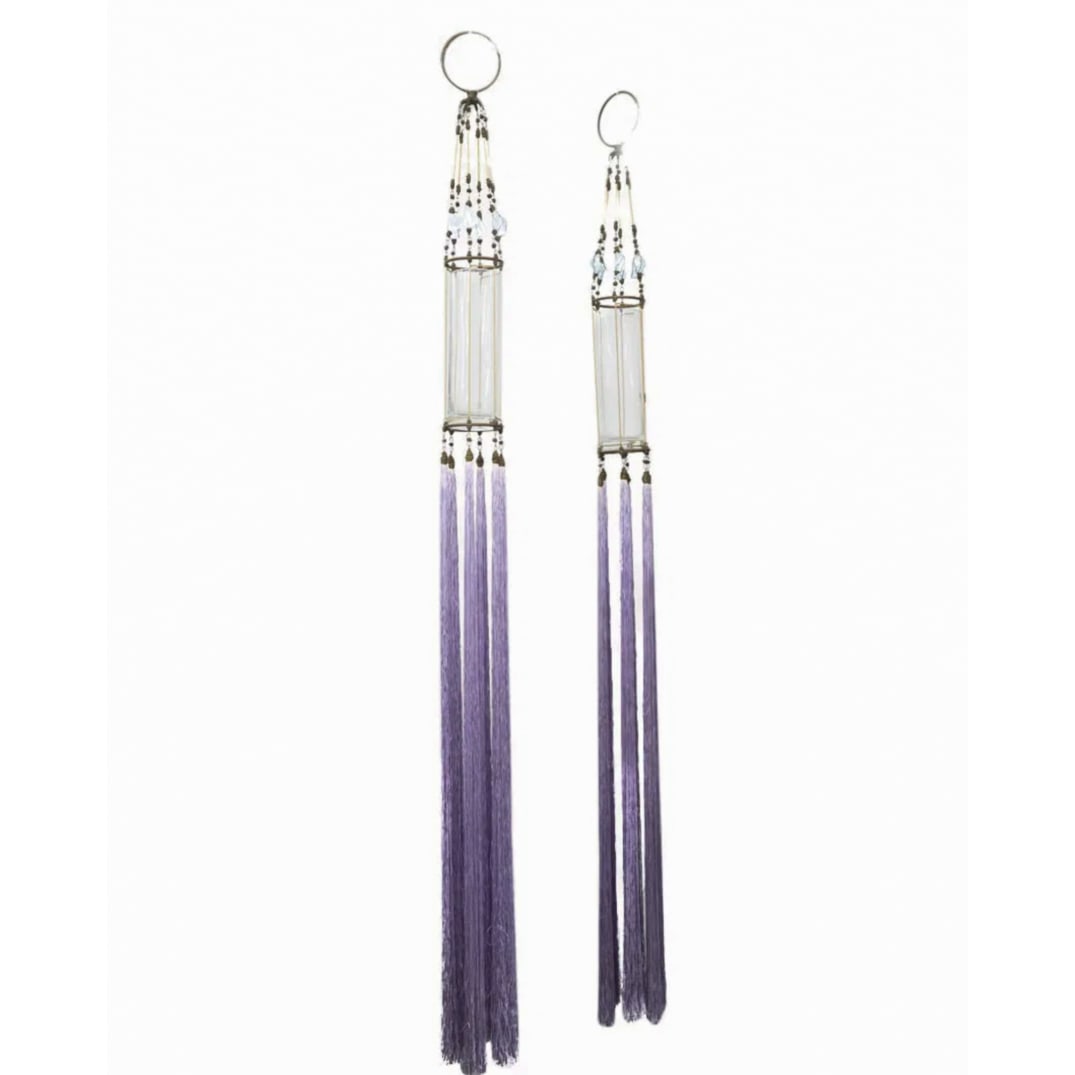 Pair of Venetian Hanging Silk & Glass Votives: DESCRIPTION: Pair of Venetian hanging candle votive with cylindrical glass vessel inserts within silk with bronze fitted holders. CIRCA: 20th Century ORIGIN: Italy DIMENSIONS: Approx: (Largest H: 60.5