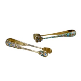 (2 Pc) Russian Silver Cloisonne Sugar Tongs