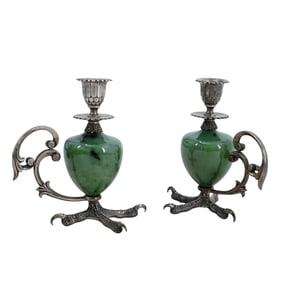 (2 Pc) Russian Silver & Jade Candle Holders