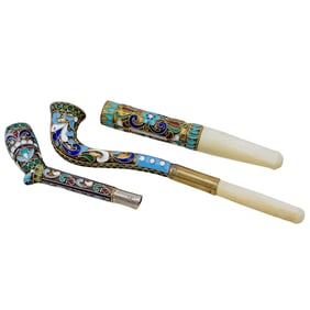 (3Pc) Russian Gilt Silver Cloisonne Pipes