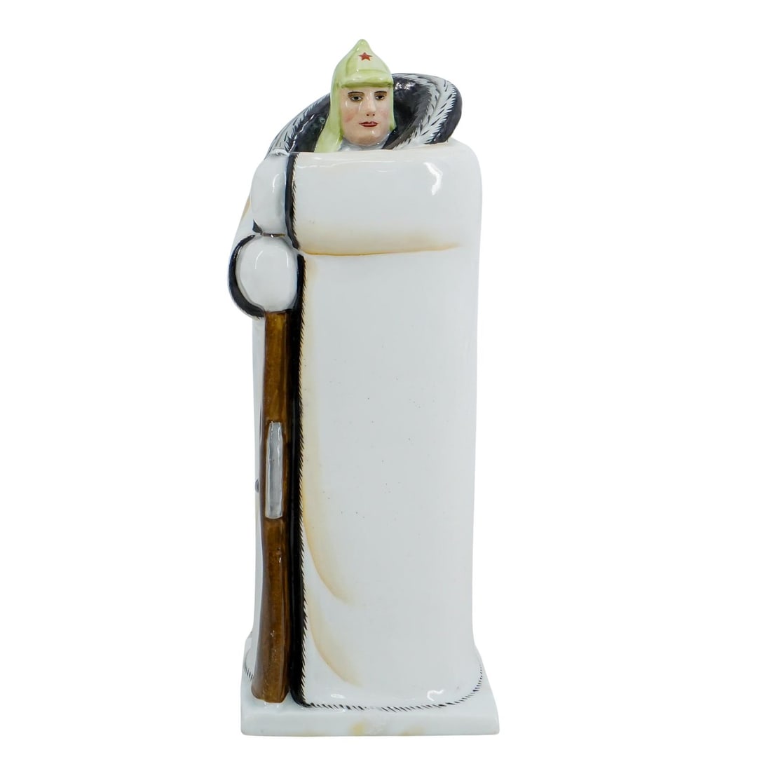 Soviet Porcelain Sentry Figure (Lomonosov State Porcelain Factory): DESCRIPTION: Lomonosov porcelain figure, after a design by Tigran Davtyan, depicting a soldier wearing a fur coat and holding a rifle. Marked with overglaze blue hammer & sickle on underside. Provenan