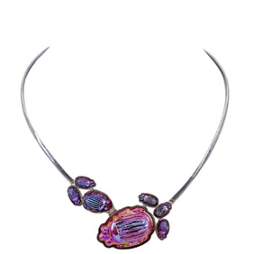 Tiffany Favrile Iridescent Glass Scarab and Sterling Silver Necklace