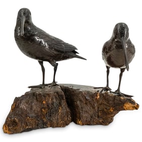 Antique Yoshi Mitsu Japanese Bronze Woodcocks On Wooden Base, Signed