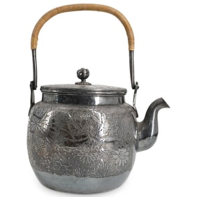 Antique Japanese Silver Teapot W/ Woven Handle