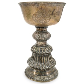 Large, Rare Antique Tibetan Silver Butter Lamp