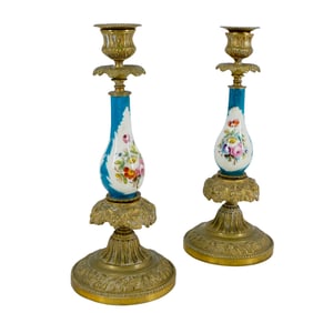 Pair Of Antique French Gilt Bronze And Porcelain Candlesticks