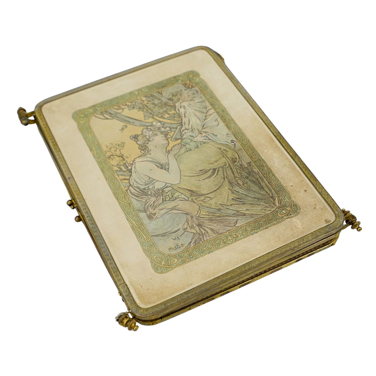 Victorian Alphonse Mucha Triptych Mirror: DESCRIPTION: Victorian era triptych travel vanity mirror, frame made of brass, with chain at the top for hanging. On the backside are two piece of Alphonse Mucha art from "Ages of Man" CIRCA: 1900's O