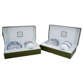 (10 Pc) Christofle Oceana Bleu Ginkgo Porcelain Cups & Saucers