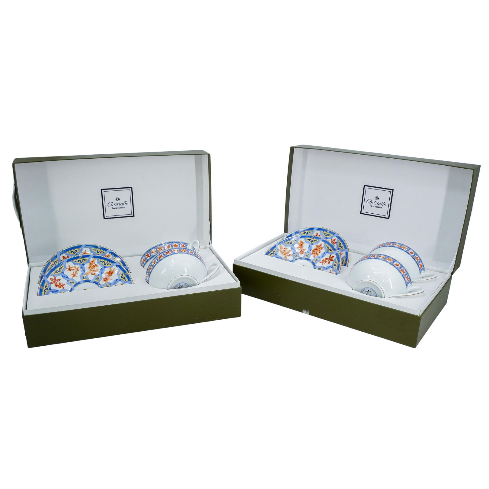 (10 Pc) Christofle Oceana Bleu Ginkgo Porcelain Cups & Saucers (1 of 11)