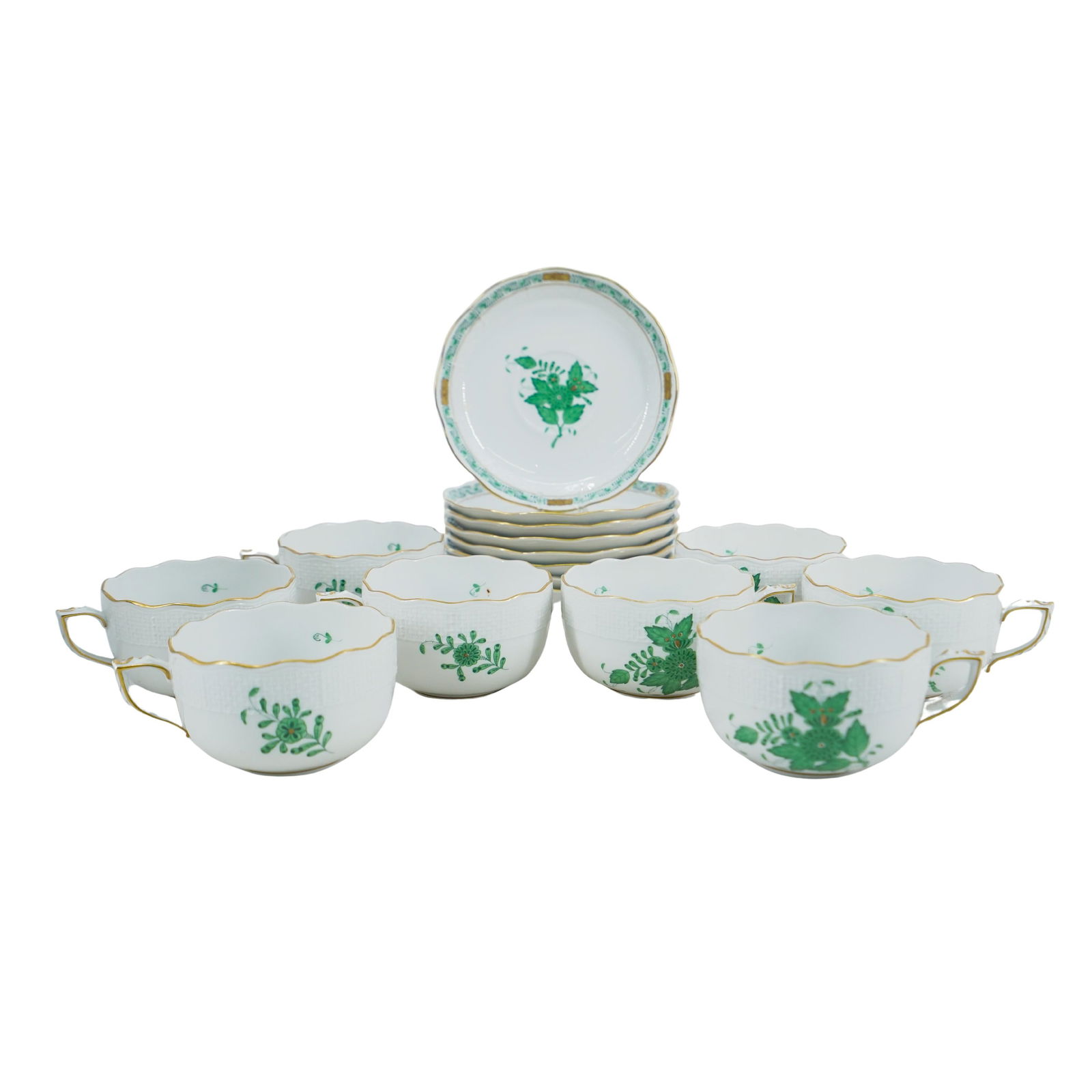 (16 Pc) Herend Green Chinese Bouquet Porcelain Teacup & Saucer Set (1 of 10)
