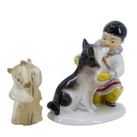 (2 Pc) Porcelain Bear Figure & Figural Group