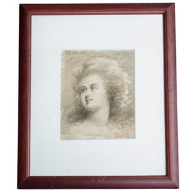 Antique Graphite on Paper Portrait Drawing