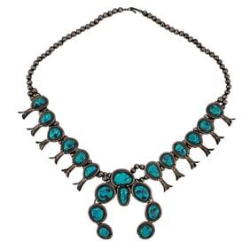 Navajo Sterling Silver & Turquoise Squash Blossom Necklace