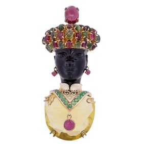 Sterling Silver, Onyx, & Semi Precious Stones Blackamoor Brooch