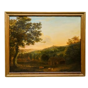 Large Antique Barbizon School Landscape W/ Cattle Oil On Canvas