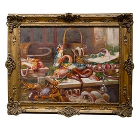 Jose Pujatti (B. XIX) Seafood Still Life Oil On Canvas