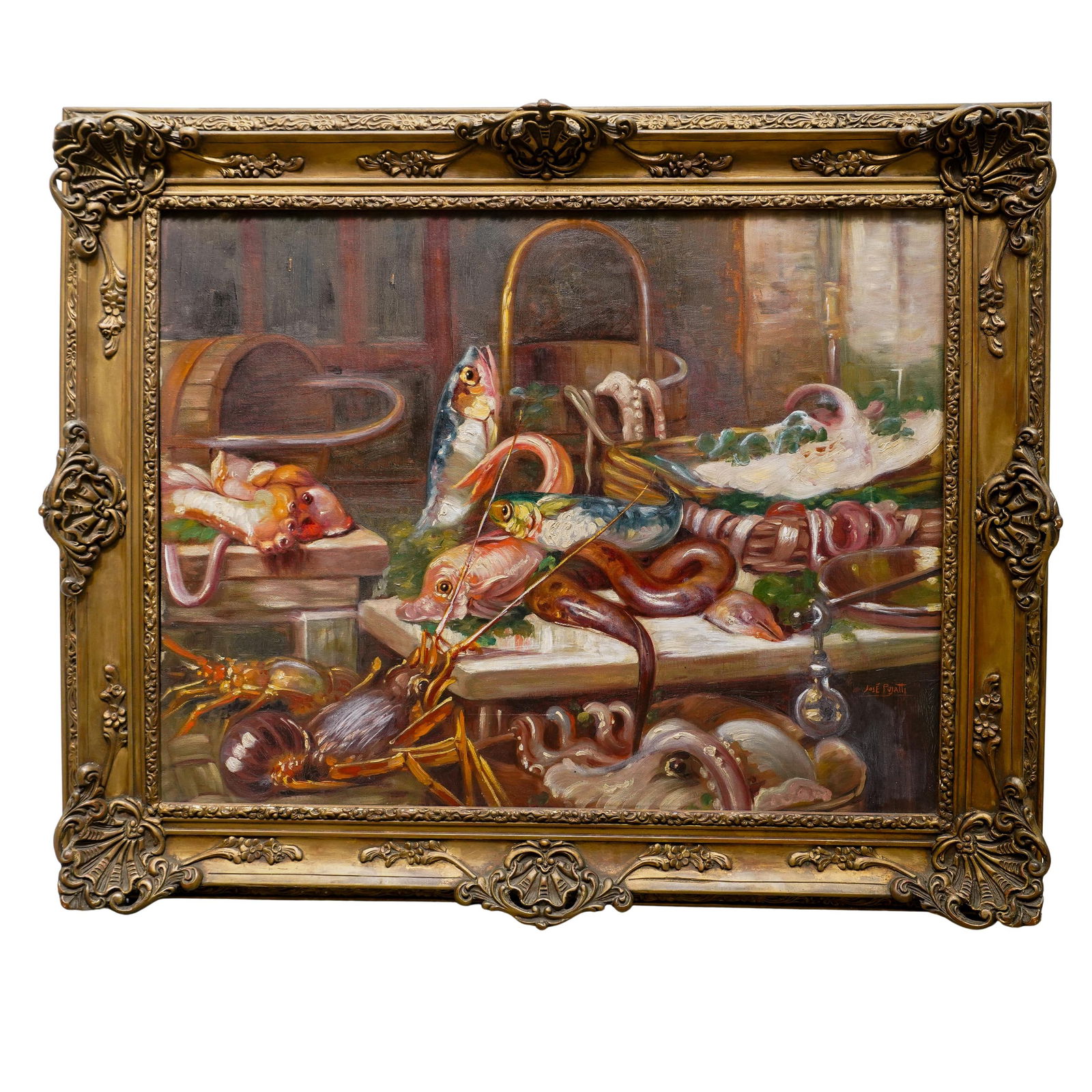 Jose Pujatti (B. XIX) Seafood Still Life Oil On Canvas (1 of 6)