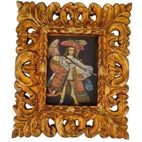 Antique Cuzco School Angel With Rifle Oil On Canvas On Board