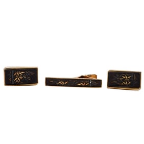 (3 Pc) Amita Japan 10k Gold Cufflinks and Tie Clip