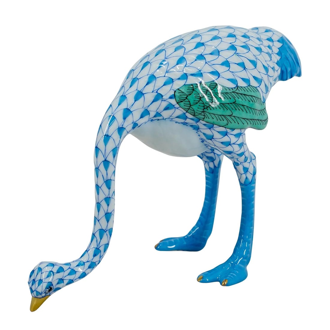 Herend Porcelain "Ostrich" Blue Fishnet Figurine: DESCRIPTION: Herend porcelain figurine of an "Ostrich" embellished in a blue hued fishnet pattern. Finished with gilded accents. Style:#15436. CIRCA: 20th Century ORIGIN: Hungary DIMENSIONS: H: 4" CON