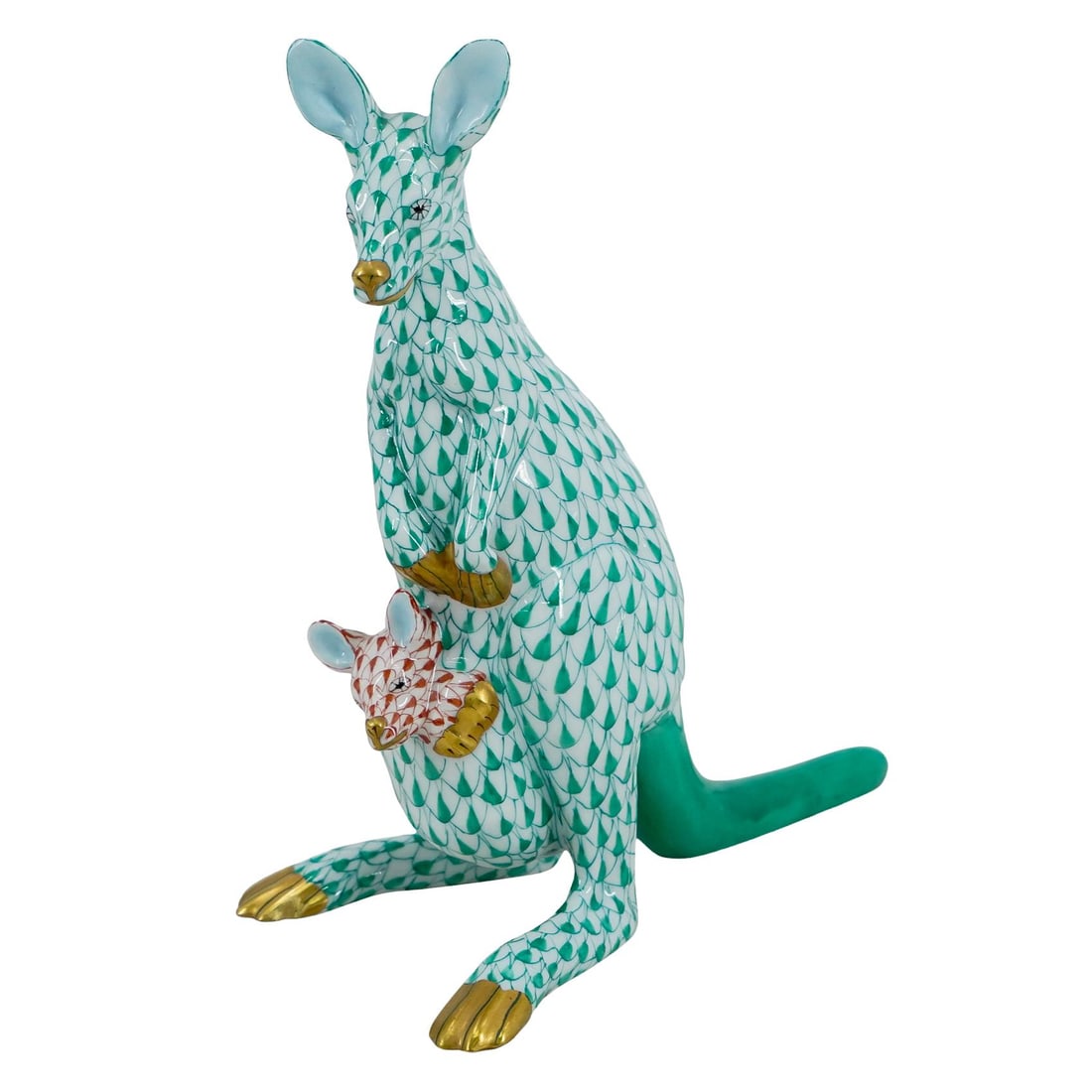 Herend Porcelain "Kangaroo W/ Baby" Green/Rust Fishnet Figurine (1 of 5)