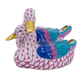 Herend Porcelain "Pair Of Ducks" Raspberry Fishnet Figurine