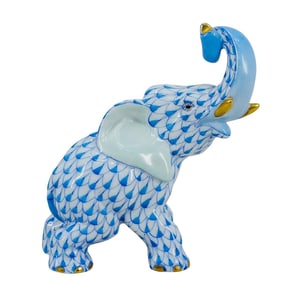 Herend Porcelain "Joyful Elephant" Blue Fishnet Figurine