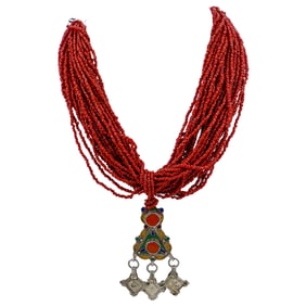 Silver Enameled Coral Multi Strand Necklace