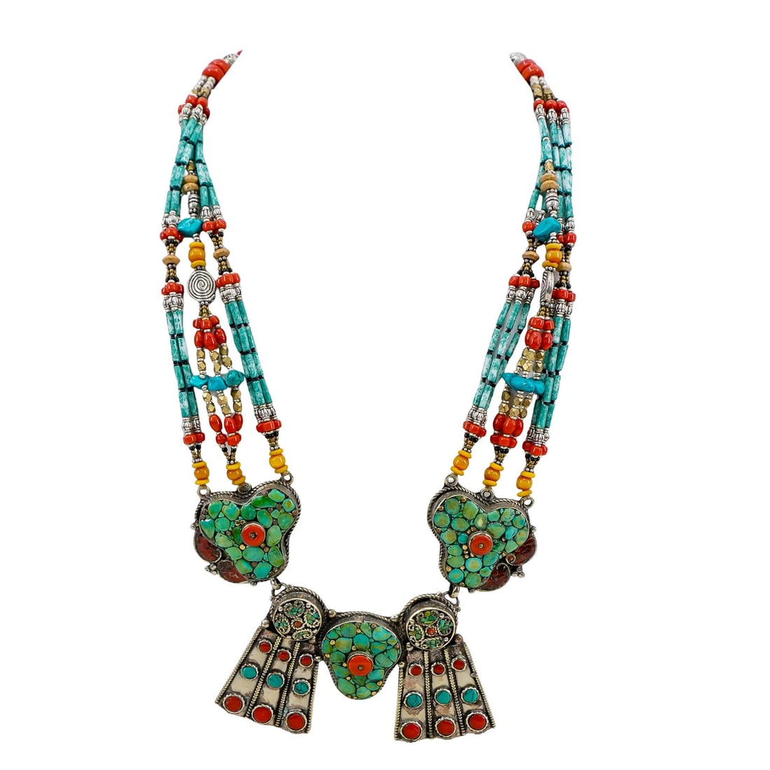 Tibet Natural Stone Tribal Queen Royal Necklace: DESCRIPTION: Tibet natural stone, turquoise set in Tibetan silver setting, and coral necklace CIRCA: 20th Century ORIGIN: Tibet DIMENSIONS: L: 13.5" W: 4.5" CONDITION: Great condition. Unless otherwis