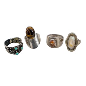 (4Pc) Lot Of Sterling & Earth Tone Stones