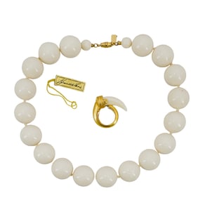 Faux Ivory Chunky Beaded Necklace & Ring Set