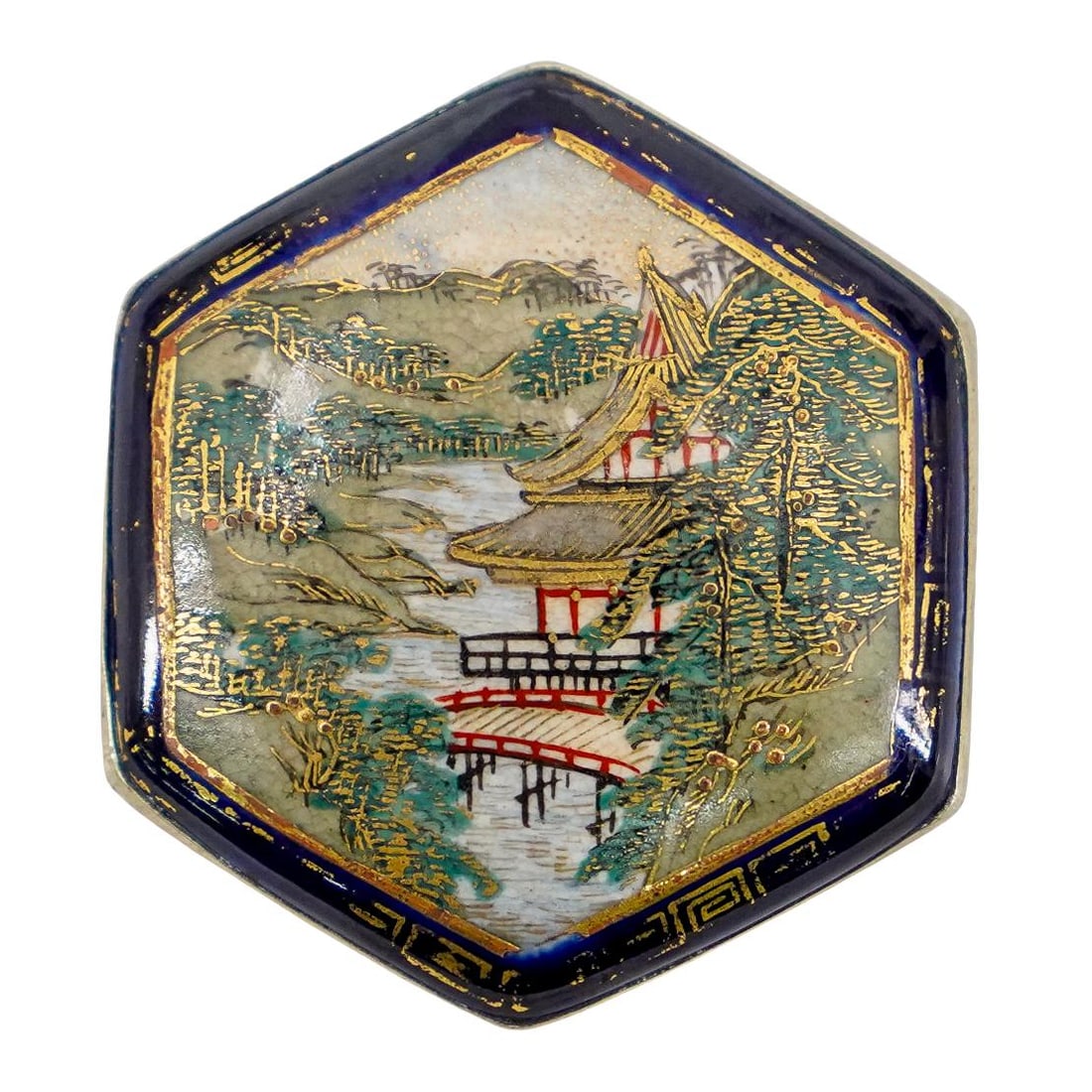 Japanese Satsuma Buckle: DESCRIPTION: Japanese satsuma buckle from the meiji period, image bordered with Lapis & gold detailing CIRCA: 20th Century ORIGIN: Japan DIMENSIONS: L: 1.5" W: 1.5" CONDITION: Good pre-owned condition