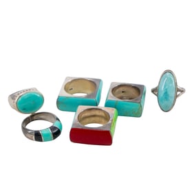 (6Pc) Lof Of Silver & Turquoise Rings