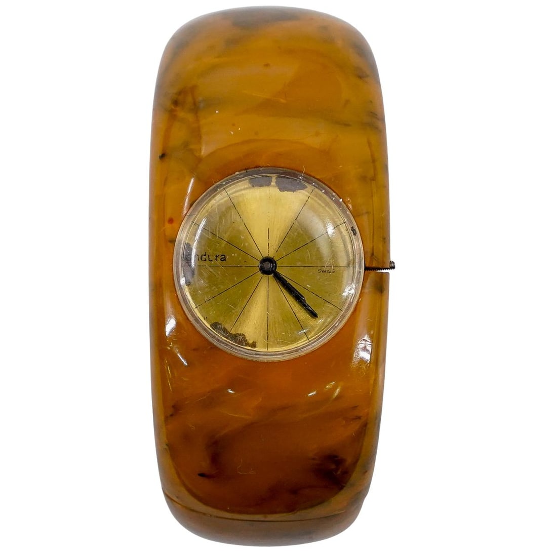 Endura Bakelite Watch Bangle: DESCRIPTION: Rare signed Endura bakelite watch bangle CIRCA: ORIGIN: Swiss DIMENSIONS: W: 2.5" CONDITION: Great vintage condition. Unless otherwise stated, all information provided is the opinion of o