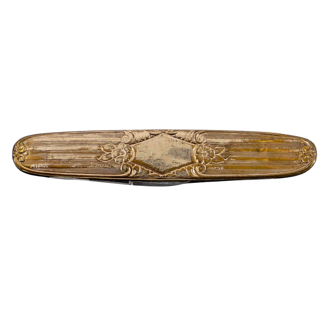 Vintage Gold-Fill Engraved Pocket Knife: DESCRIPTION: Gold-filled knife, engraved "gold top' on both sides at the tip. Engraved with art deco lines and flowers. Two blades CIRCA: 20th Century ORIGIN: DIMENSIONS: L: 3.25" W: 5/8" CONDITION: V