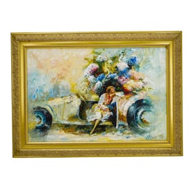 Impressionist Oil on Canvas Painting, Lady in Car