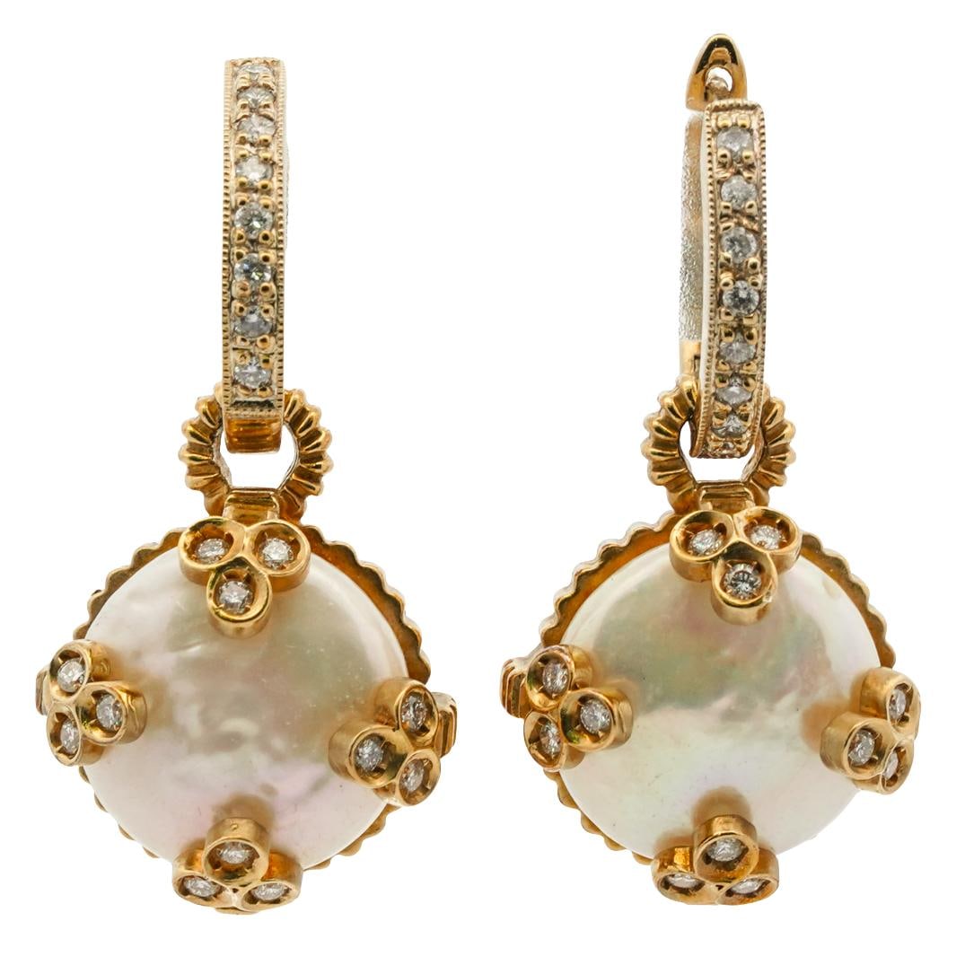 Pair 18k Gold, Pearl, and Diamond Drop Earrings (1 of 2)