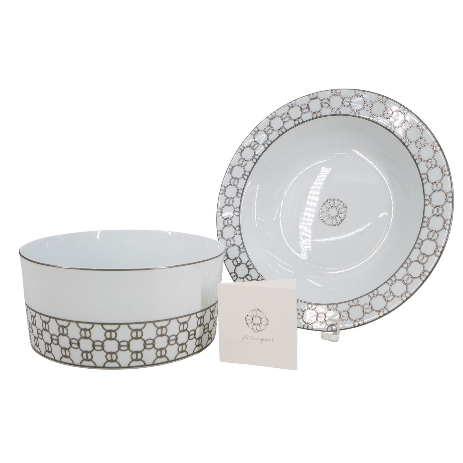 (2 Pc) Hermes "Fil d'Argent" Porcelain Bowl & Dish (1 of 12)