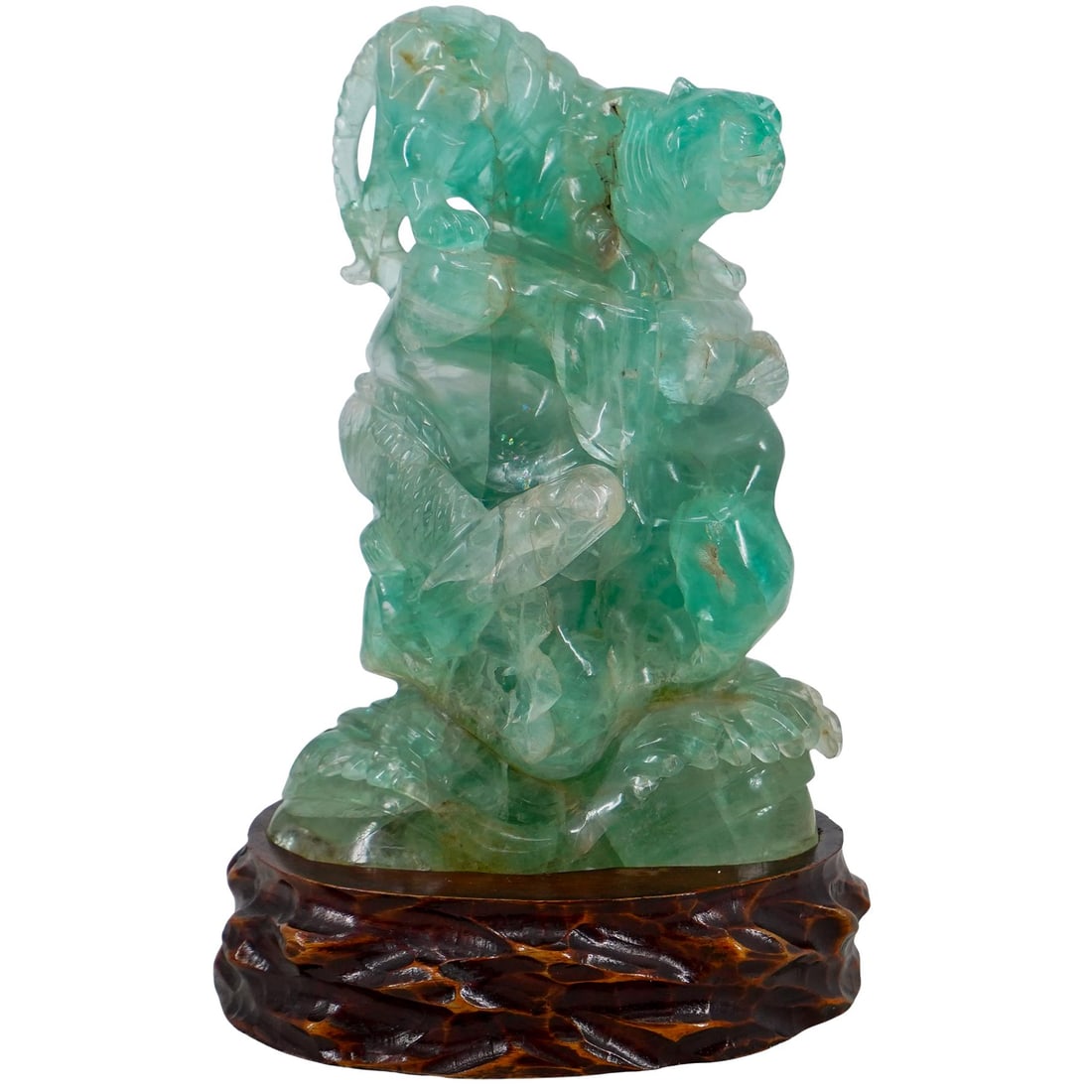 Chinese Carved Green Quartz Tiger And Dragon Statue (1 of 8)