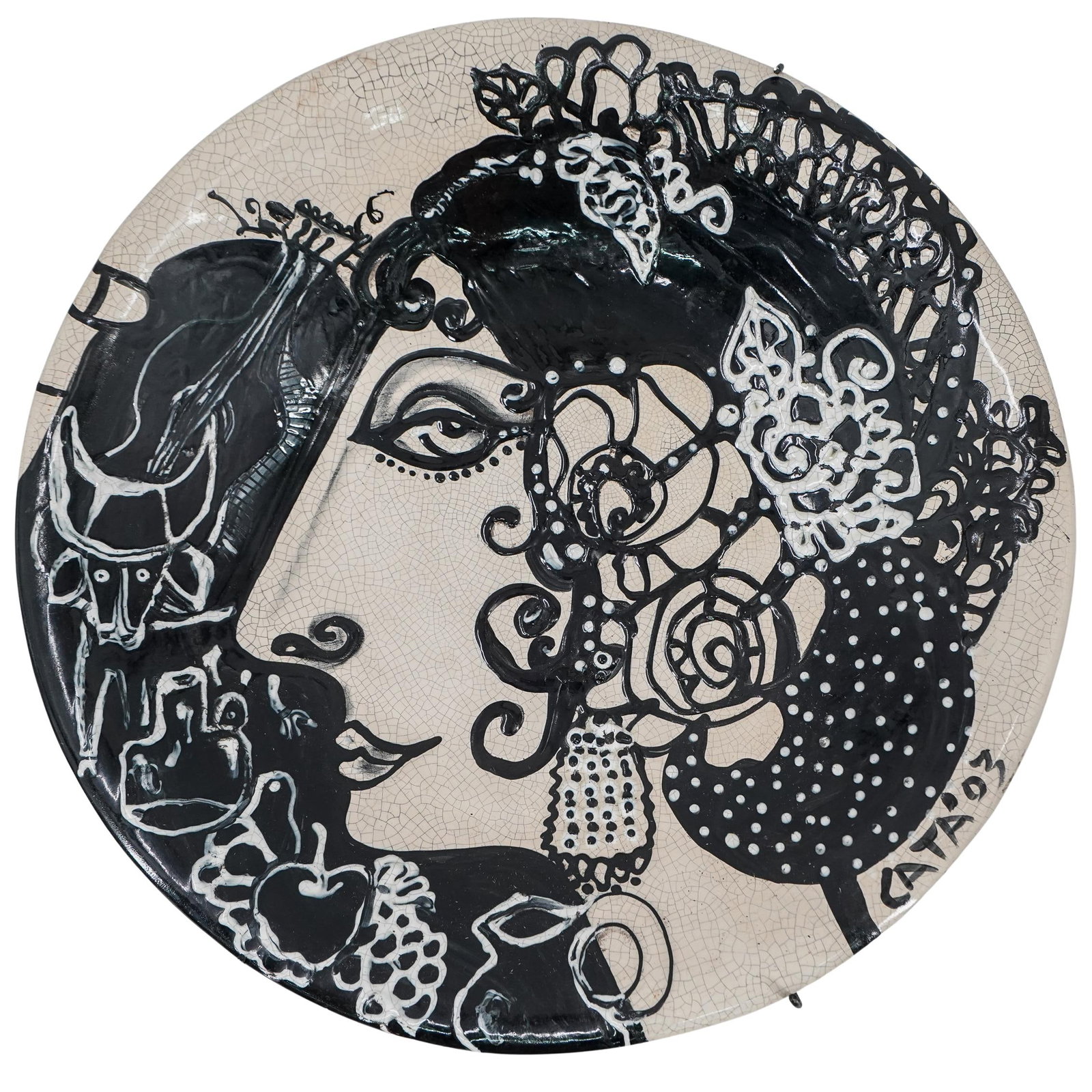 Signed Hector Cata (Cuban, 1947) Painted Ceramic Plate: DESCRIPTION: Signed Hector Cata (Cuban, 1947) handmade painted ceramic large decorative plate, depicting a Spanish lady bust motif, with characteristic Flamenco hairdo, with roses and peineta, and cha