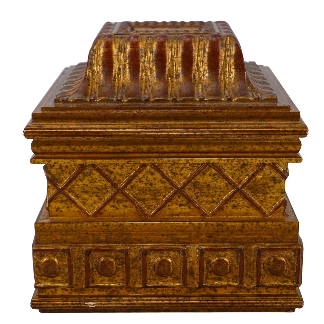 Gilt & Lacquered Wooden Tissue Box Cover: DESCRIPTION: Gilt & lacquered wooden tissue box cover decorated with fluting and geometric motifs. CIRCA: - ORIGIN: - DIMENSIONS: H: 8.5" W: 7.75" L: 8.25" CONDITION: Great condition. Unless otherwise