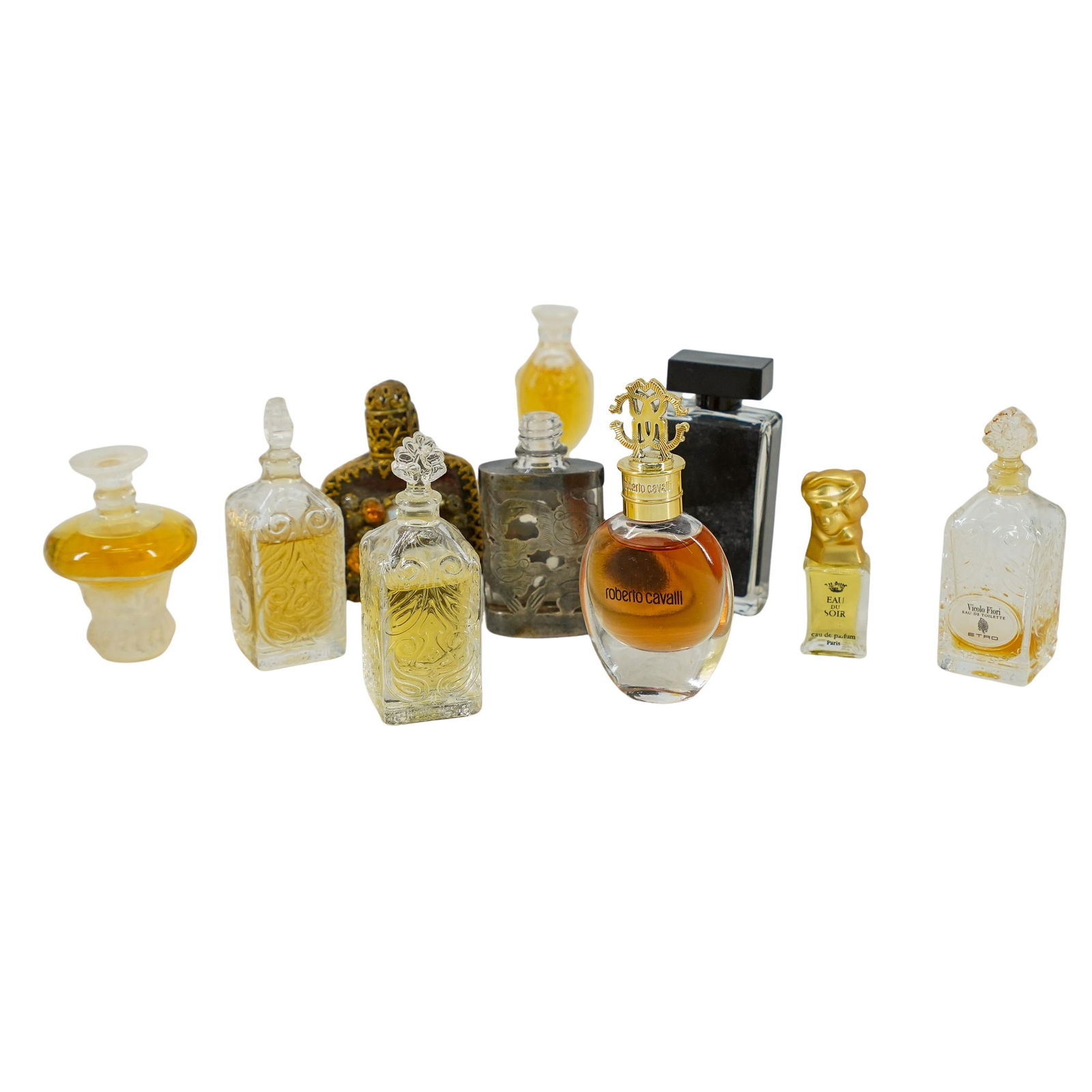 (10 Pc) Vintage Miniature Perfume Bottles: DESCRIPTION: Set of 10 vintage miniature perfume bottles, consisting of (2) Lalique perfumes, (1) Narciso Rodriguez For Her, (1) Roberto Cavalli, (3) Etro perfumes, (1) Eau du Soir, (1) Mexican sterli